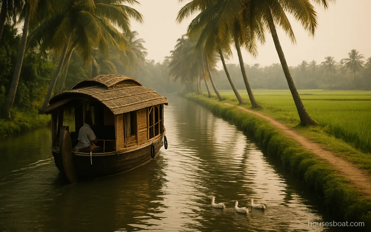 Kuttanad houseboat cruise on a narrow canal with paddy fields lying below the water level in afternoon sun