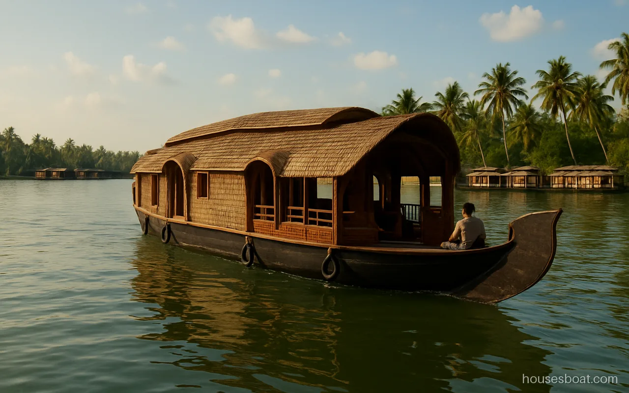 Houseboat cruise leaving Punnamada lake in Alleppey in late morning light, palms along the far shore