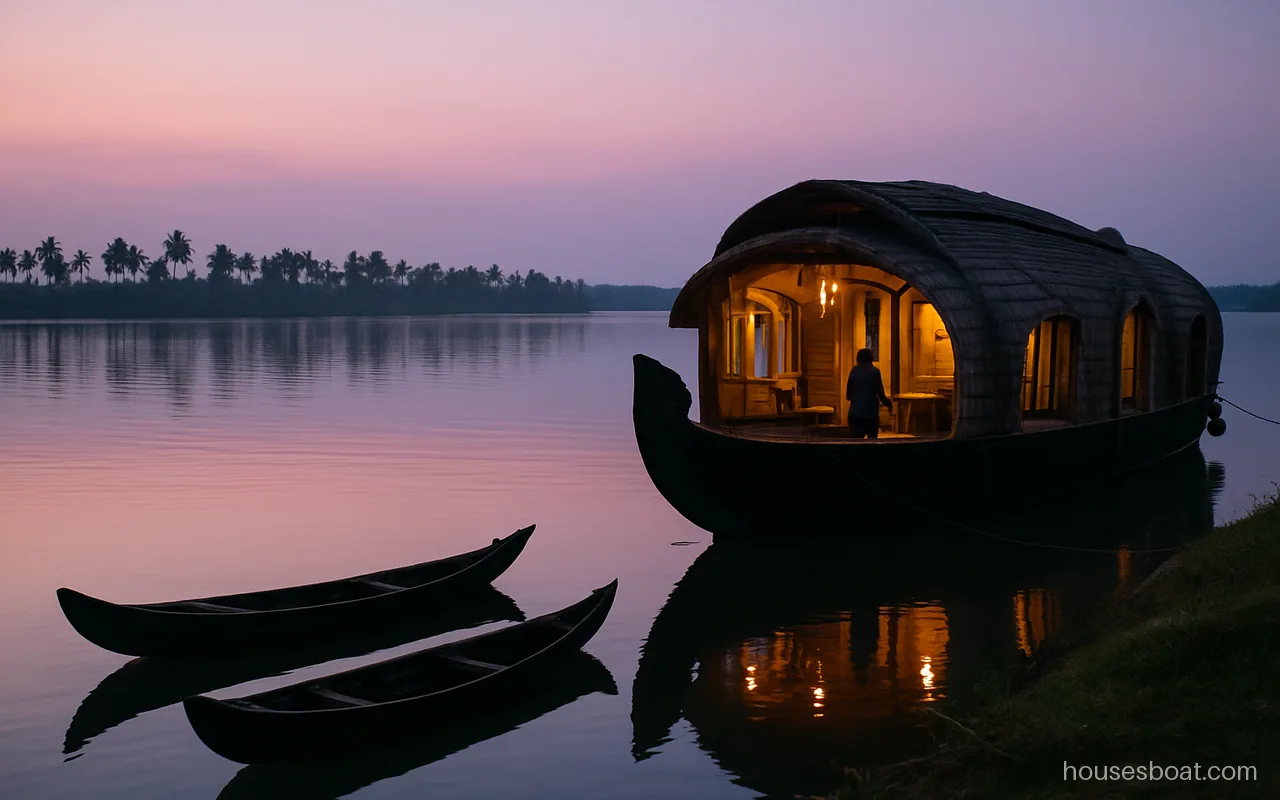 Vembanad lake houseboat moored at dusk with fishing canoes on still water and a pink evening sky