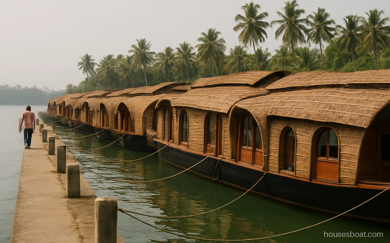 Row of houseboats moored at a jetty in Alleppey waiting for guests on booking day