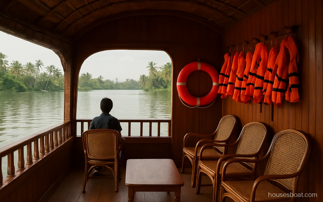 Orange life jackets and a life buoy hanging inside a houseboat lounge, checked before booking in Alleppey