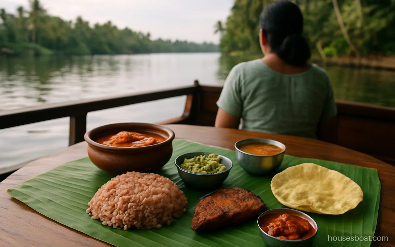 Kerala lunch of red rice, fish curry and thoran laid out on a houseboat table during an Alleppey day cruise