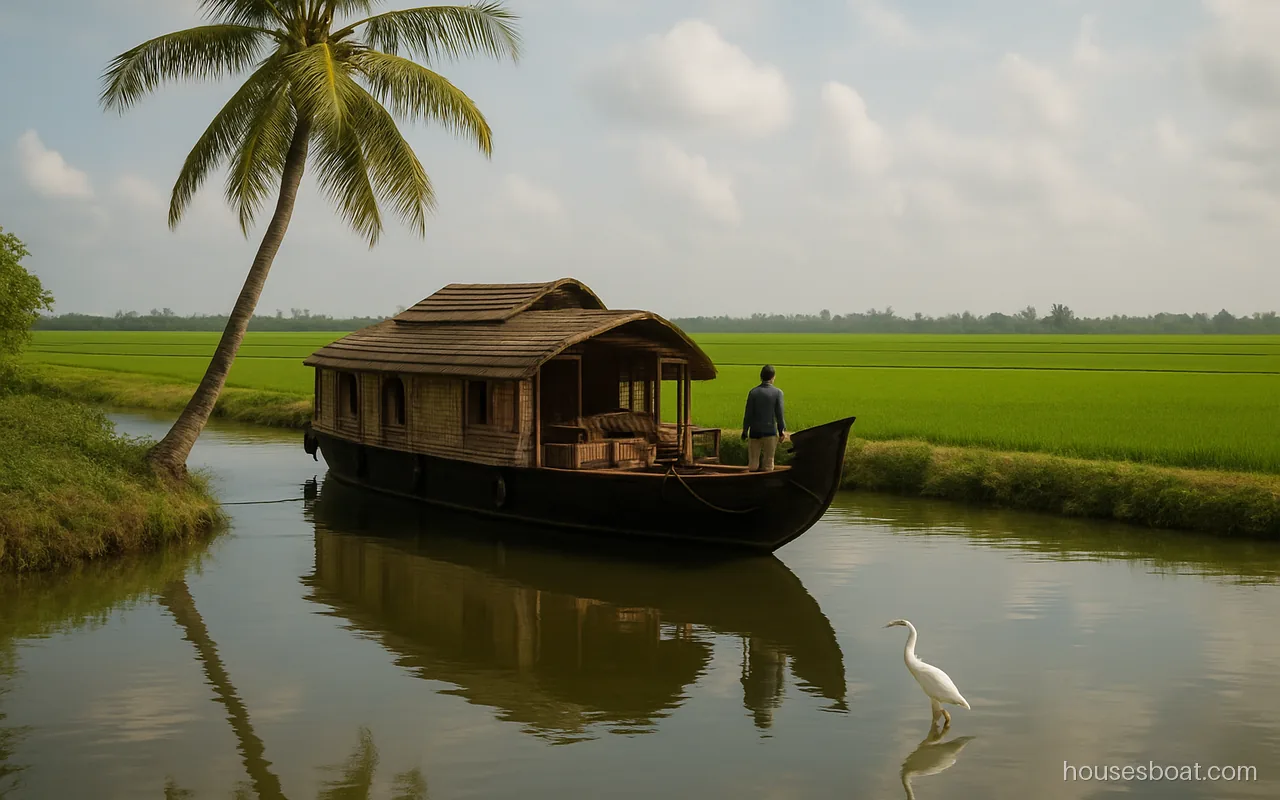 Day trip houseboat in Alleppey tied up for lunch beside paddy fields in Kuttanad