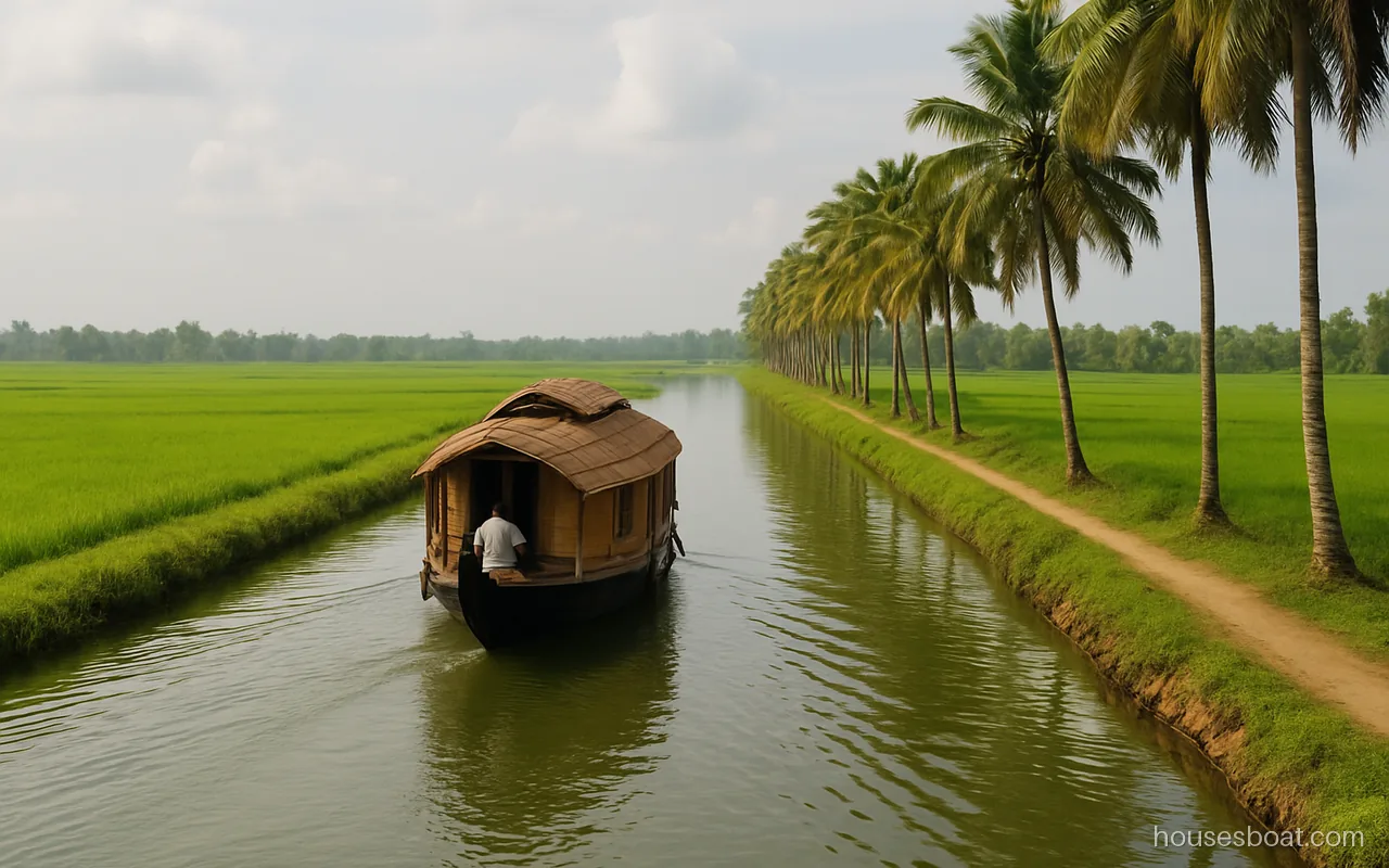 Houseboat in Alleppey passing green paddy fields on a narrow Kuttanad canal in the Kerala backwaters