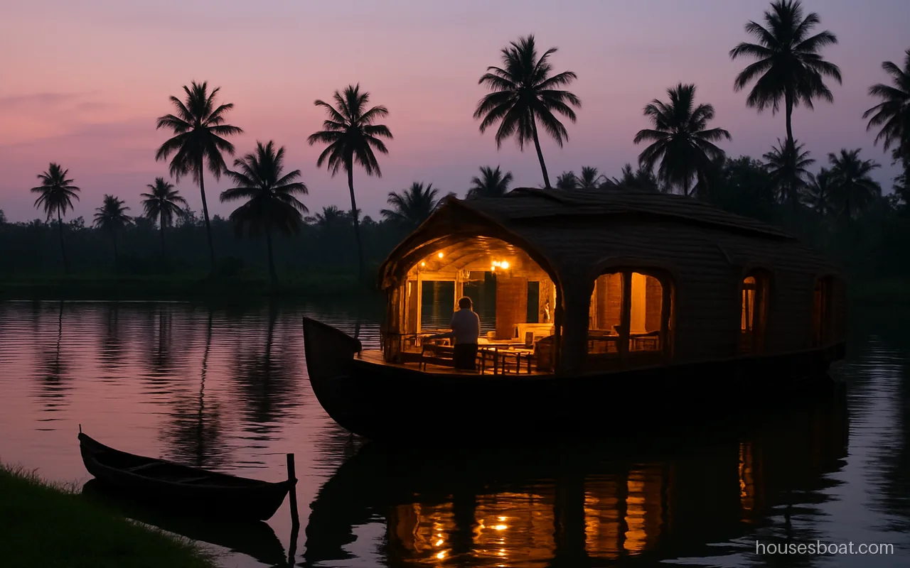 Alleppey kerala houseboat moored by a village bank at dusk with lanterns lit on deck