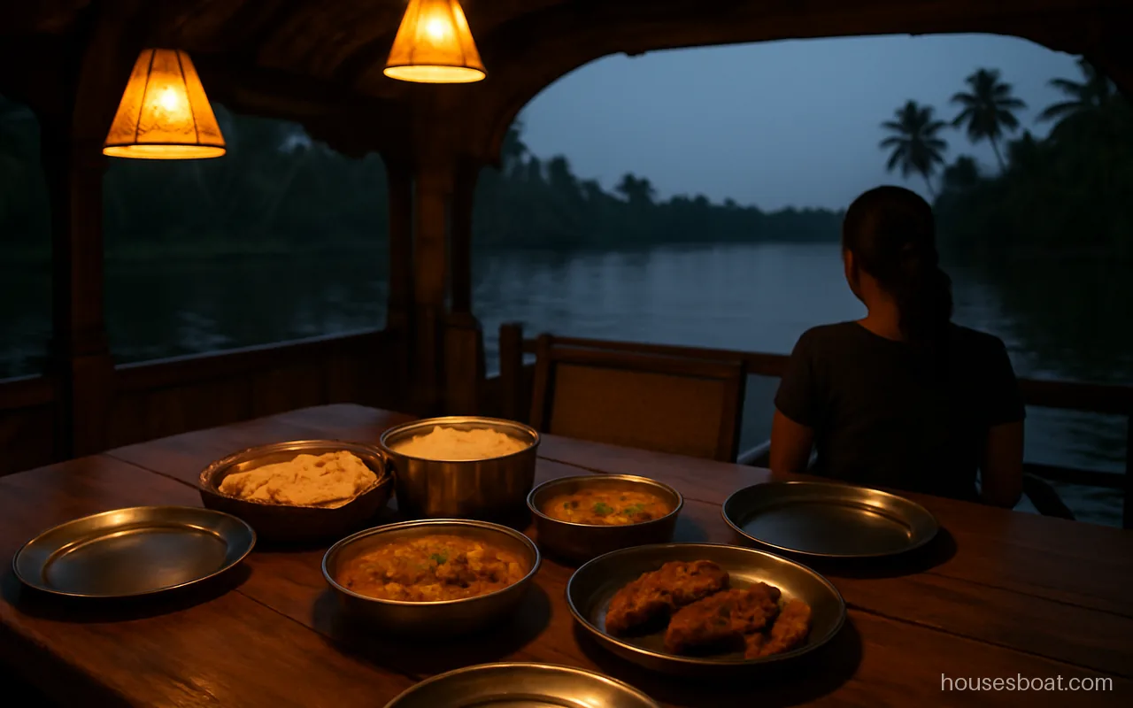 Dinner table laid on a houseboat in Alleppey, part of what the overnight price covers