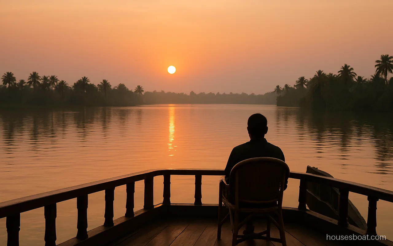 Alleppey houseboat sunset seen from a moored boat, the sun dropping behind palms across Vembanad lake
