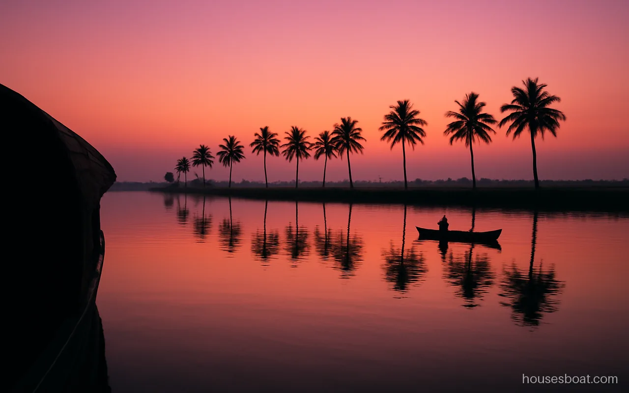 Coconut palm silhouettes and a houseboat roof outline against a pink Alappuzha backwaters sunset