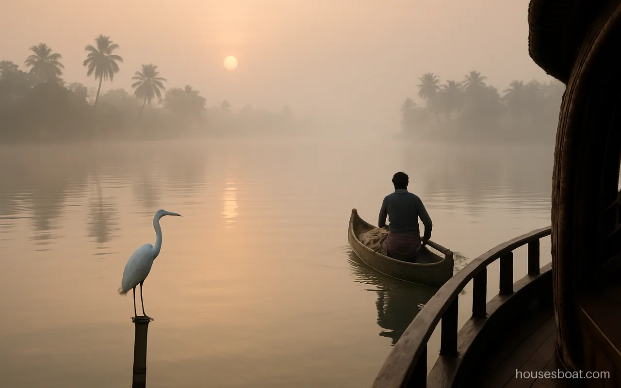 Misty sunrise over the Alleppey backwaters seen from a houseboat deck, a canoe on the still water