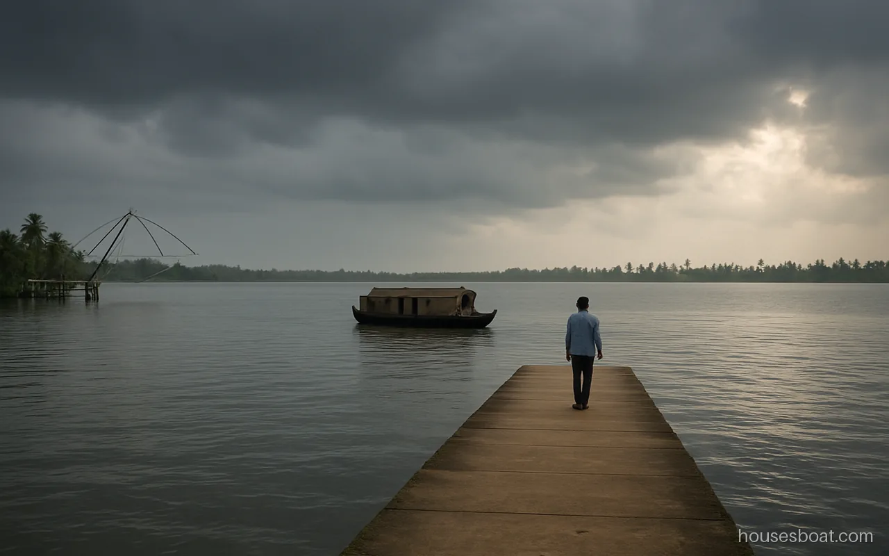 Kerala backwaters near Alleppey with a houseboat on wide Vembanad lake under a cloudy sky