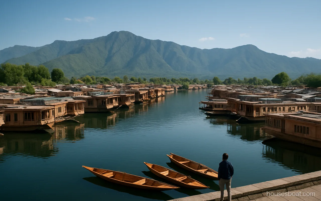 Rows of houseboats of different sizes moored on Dal Lake in Srinagar, showing how classes sit side by side