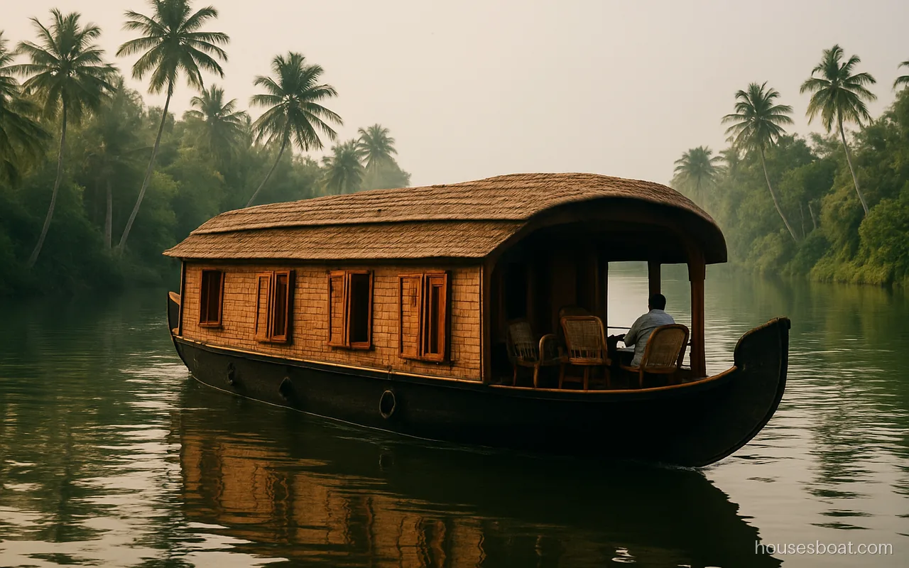 Deluxe houseboat in Alleppey with a classic thatched roof and open front lounge on a calm canal