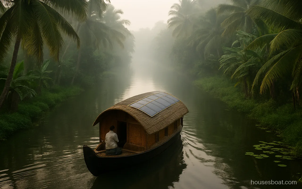 Eco houseboat in Alleppey with solar panels on the roof gliding through a narrow canal