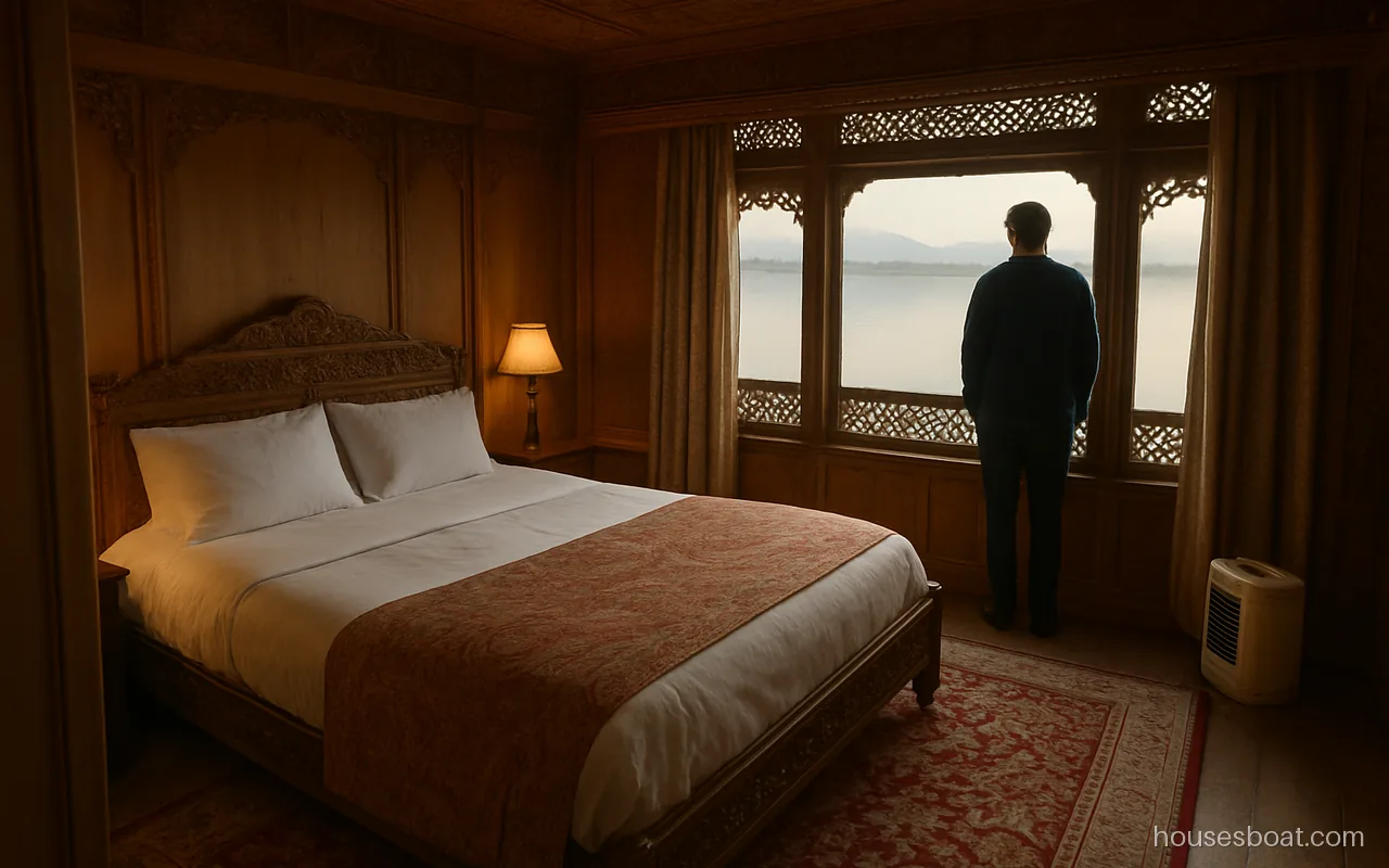 Deluxe houseboat bedroom in Srinagar with a carved walnut bed, Kashmiri carpet and a heater by the window