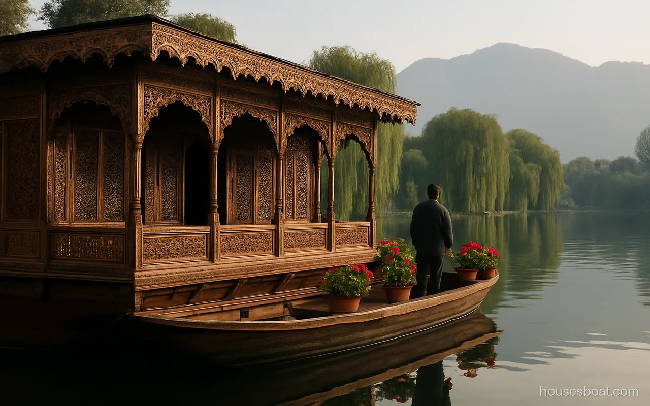 Large deluxe houseboat in Srinagar with an ornately carved cedar front verandah on Dal Lake in morning light
