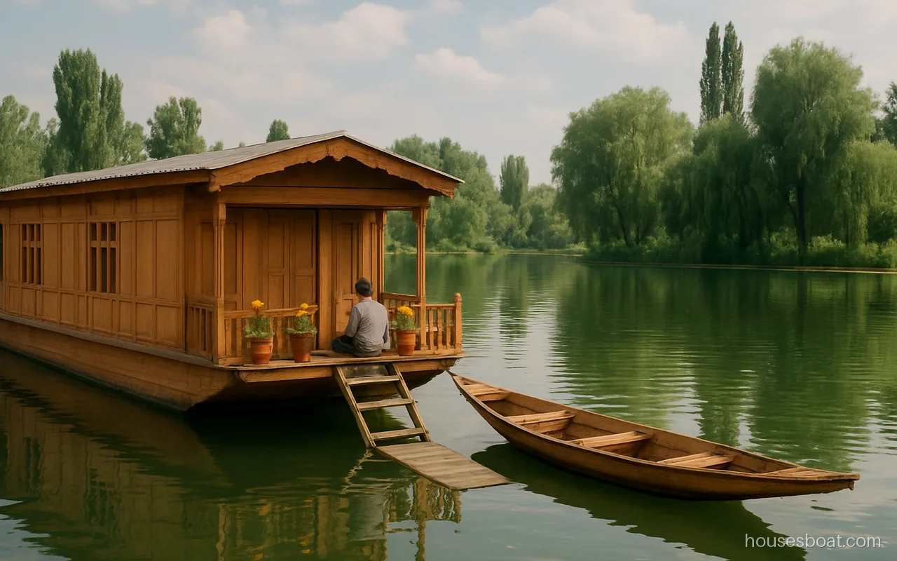 Simple standard houseboat on Nigeen Lake near Srinagar with plain wooden front and potted flowers in summer