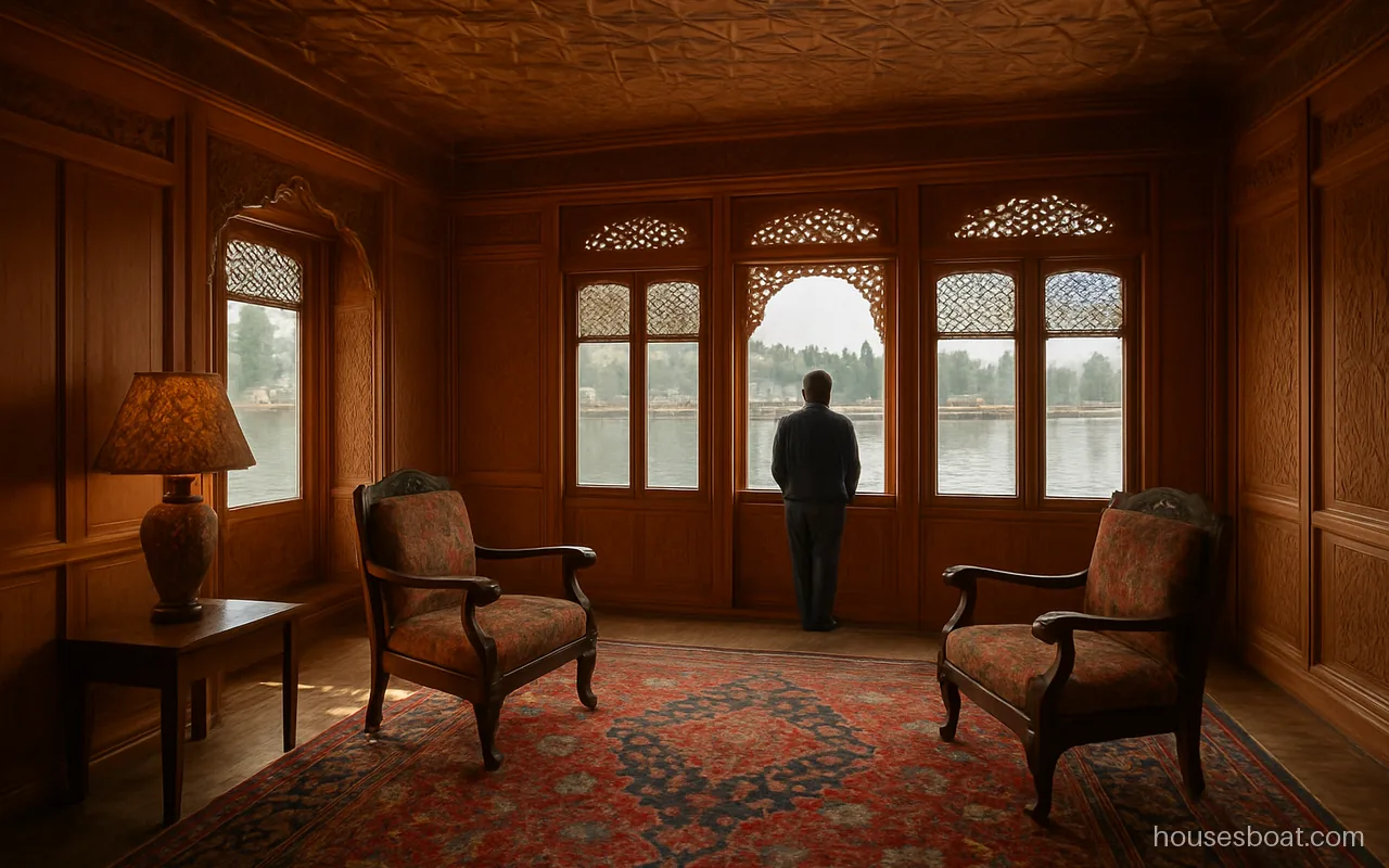 Carved cedar parlour of a Kashmir houseboat with a khatamband ceiling, walnut chairs and rugs