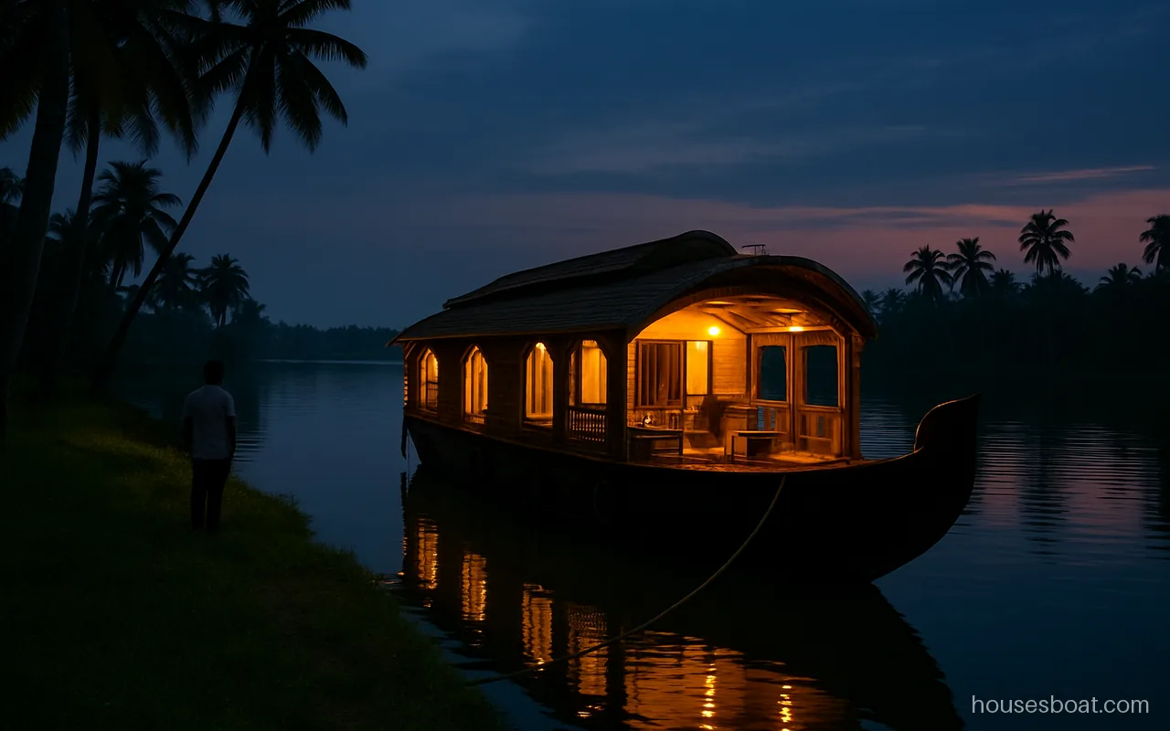 A Kerala houseboat moored at dusk beside coconut palms with warm lights glowing on its deck
