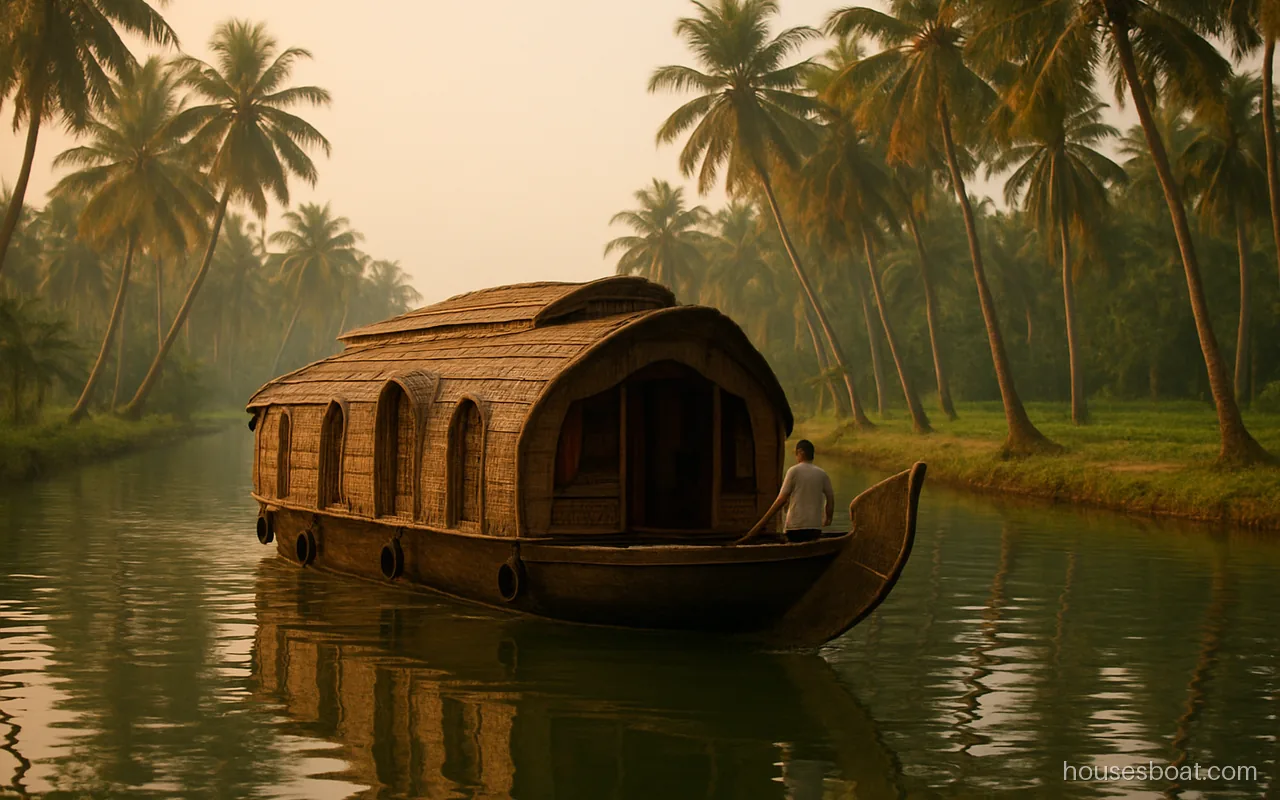 A Kerala houseboat with a curved palm thatch roof on a palm lined backwater canal at golden hour