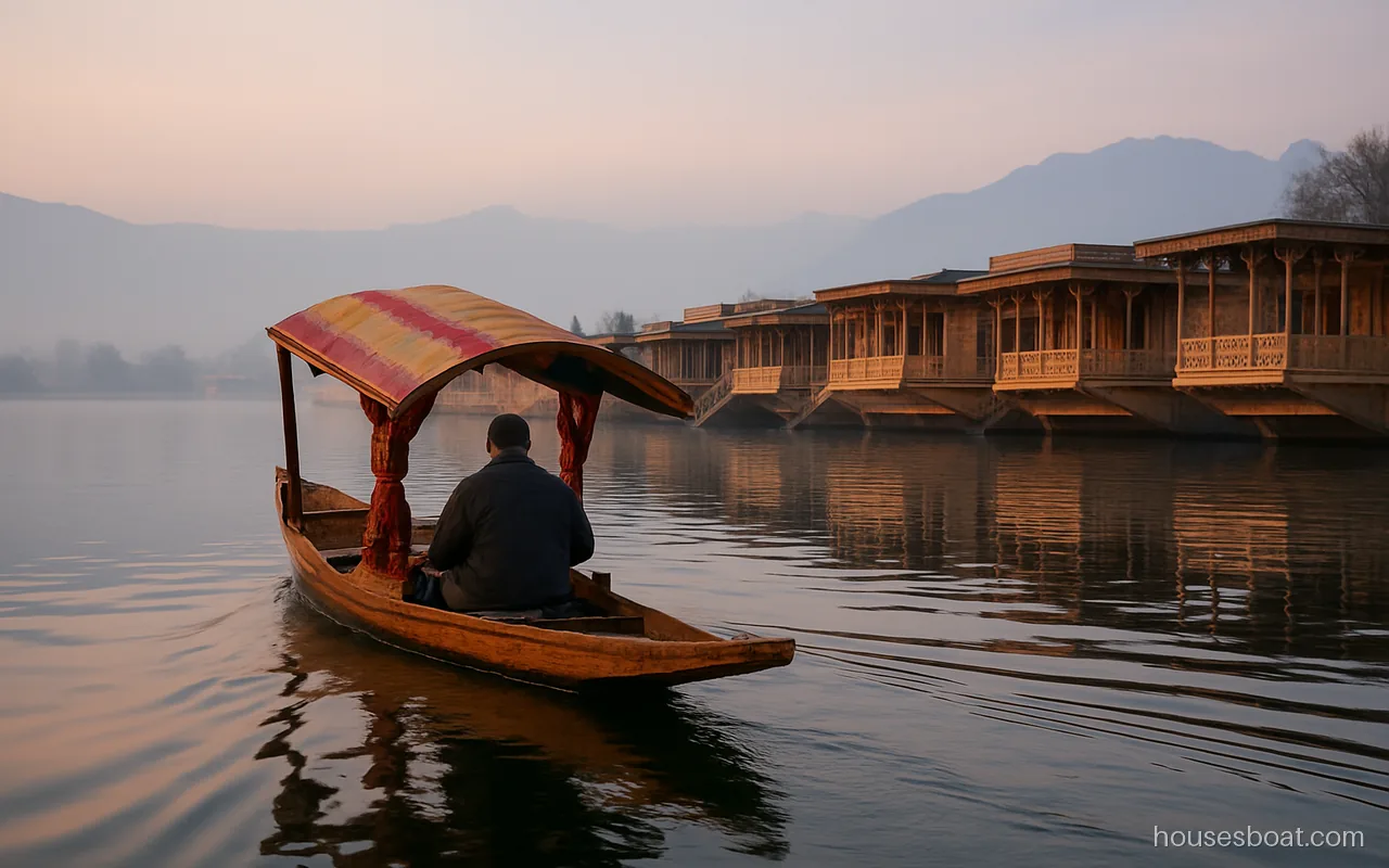 A shikara gliding past carved wooden houseboats moored on Dal Lake at dawn, mountains in mist