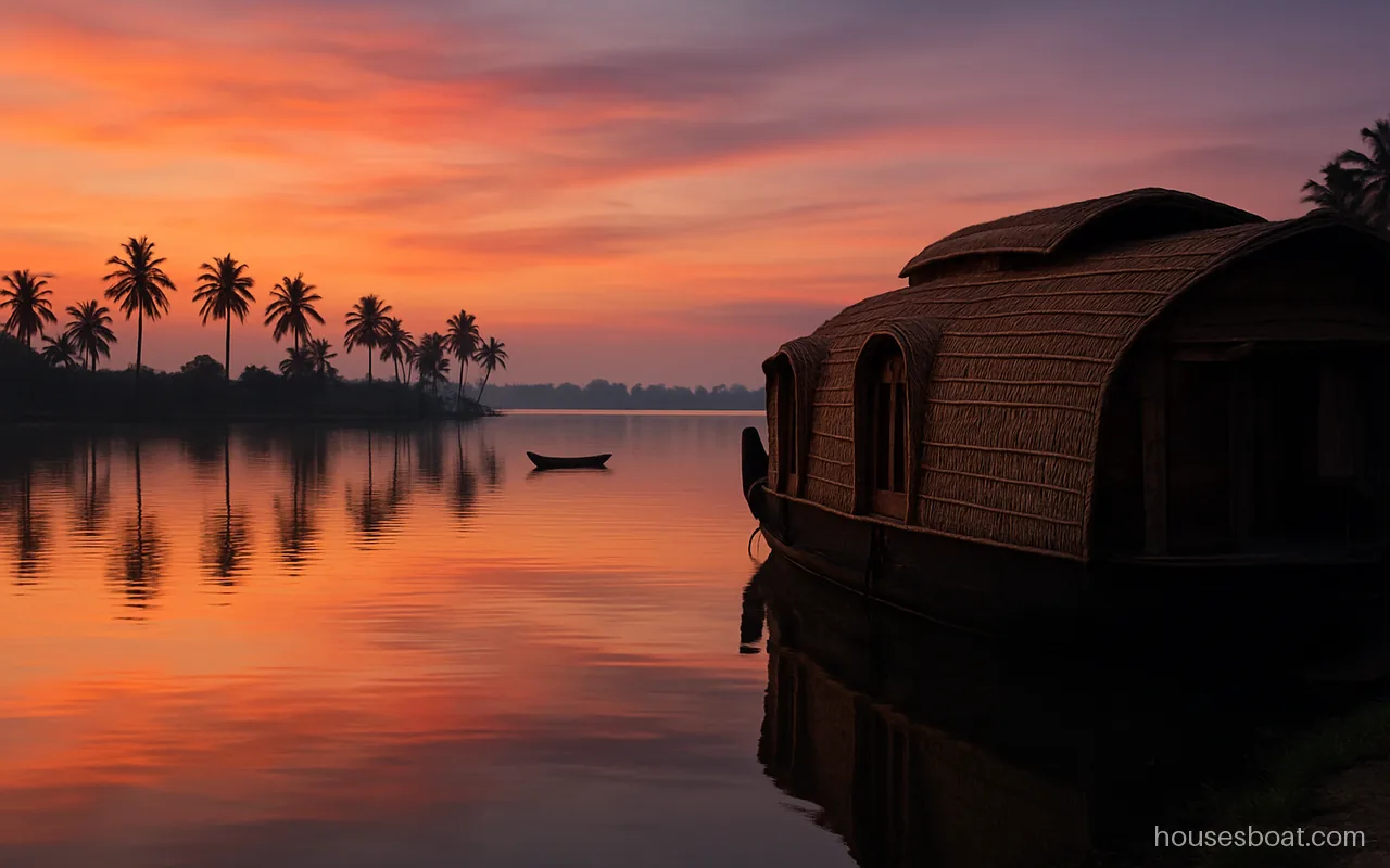 Kerala backwaters houseboat moored at dusk with an orange sky reflected in calm water