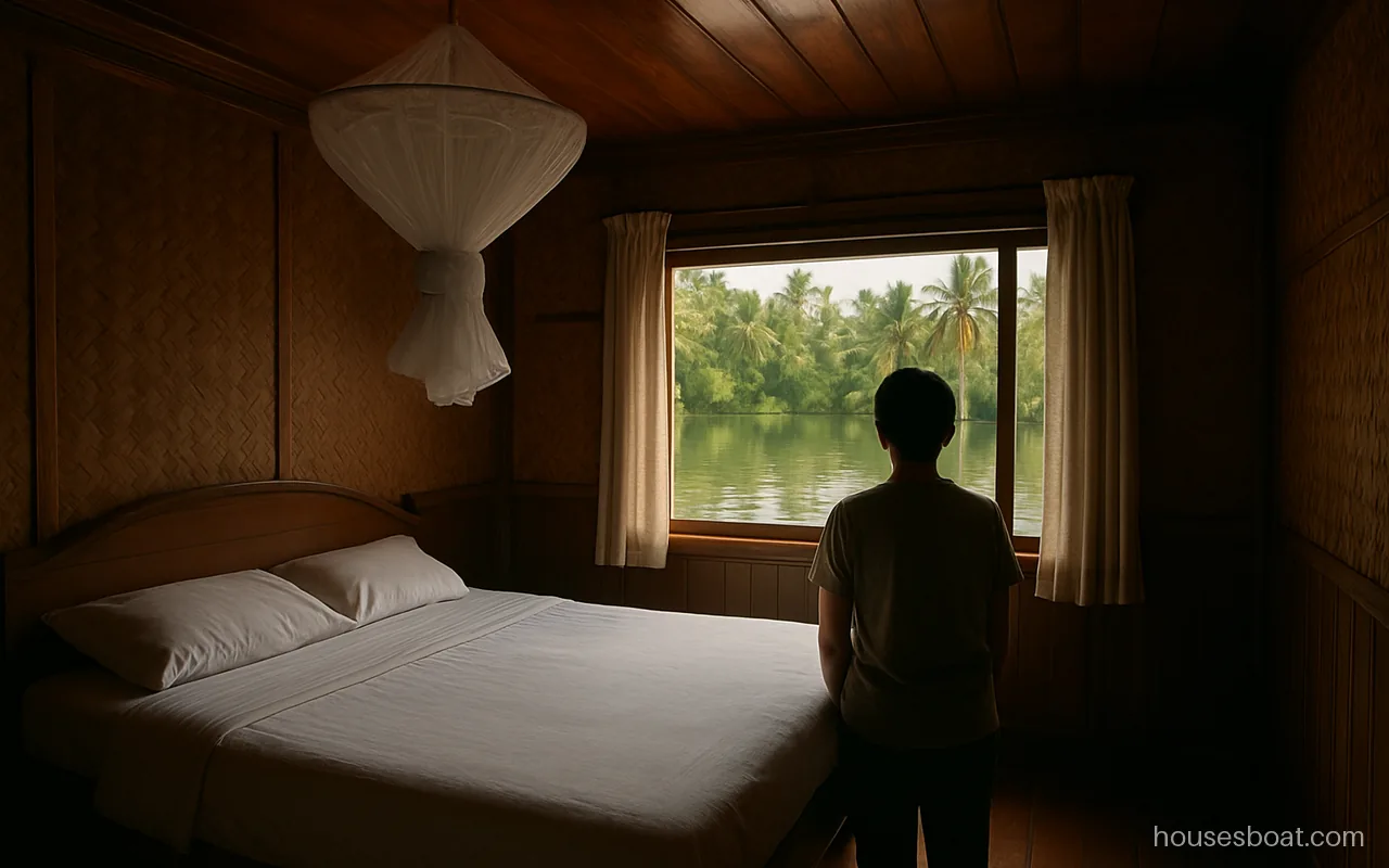Kerala houseboat bedroom with a wooden double bed, white linen and a window looking onto the backwaters