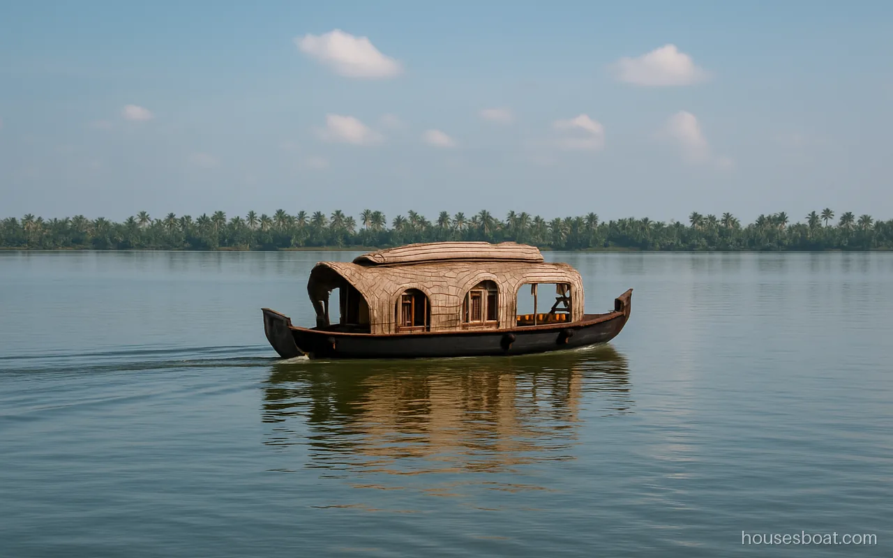 Kerala houseboat cruising across wide Vembanad lake with a line of coconut palms on the far shore