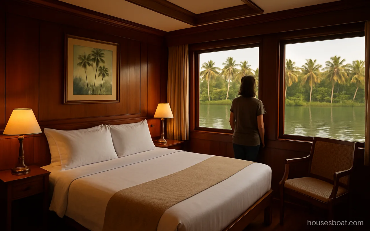 Luxury houseboat bedroom in Kerala with a large bed, wood panelling and wide windows on the backwater