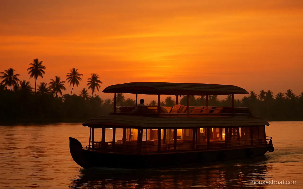 Luxury houseboat in Alleppey with a glass lounge and upper deck on the Kerala backwaters at sunset