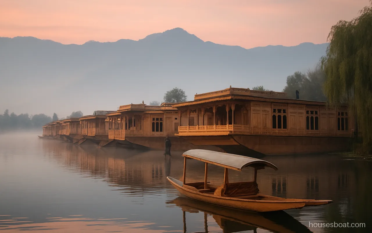 Carved wooden houseboats moored in a row on Dal Lake in Srinagar at dawn, mountains behind