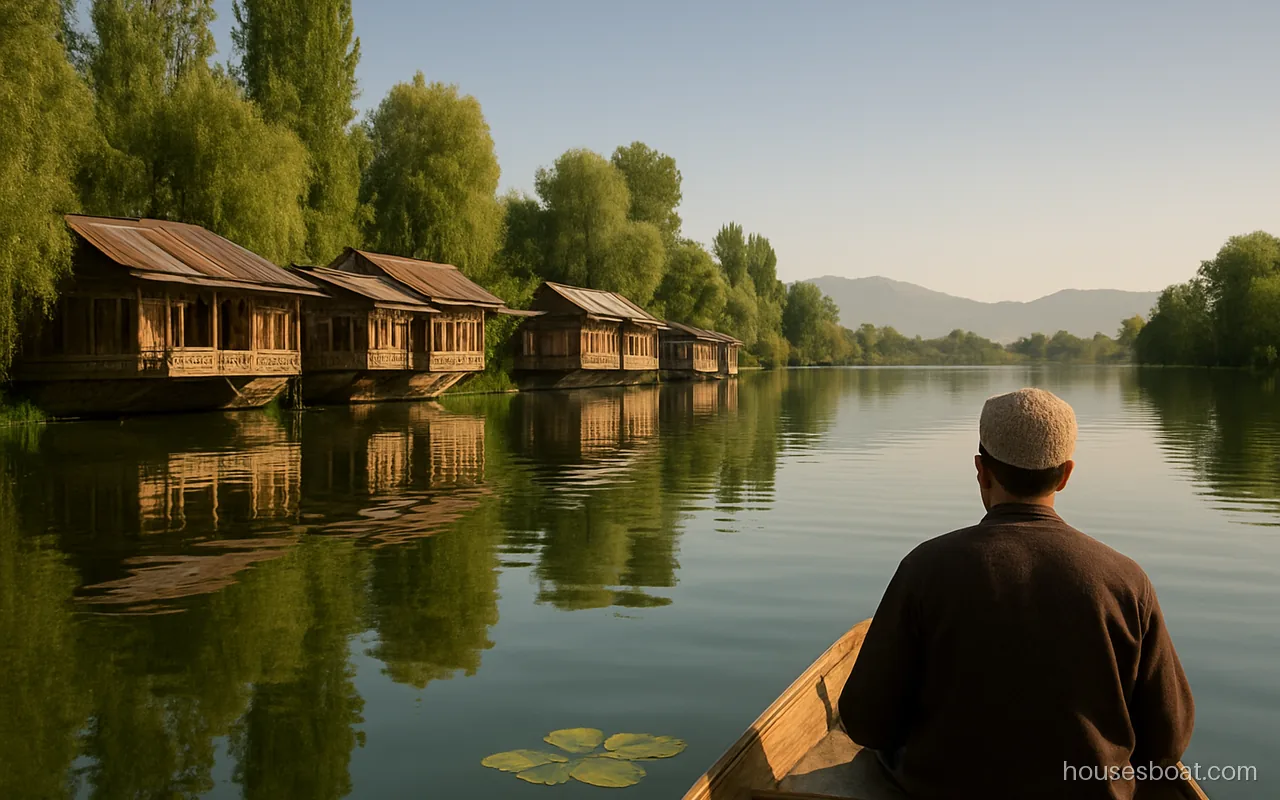 Quiet row of Kashmir houseboats on Nigeen Lake with willows and calm water in the afternoon