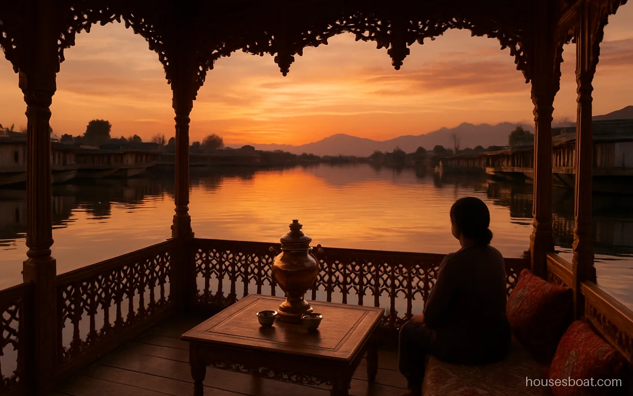 Carved front verandah of a Srinagar houseboat at sunset with tea cups and a copper samovar on a low table