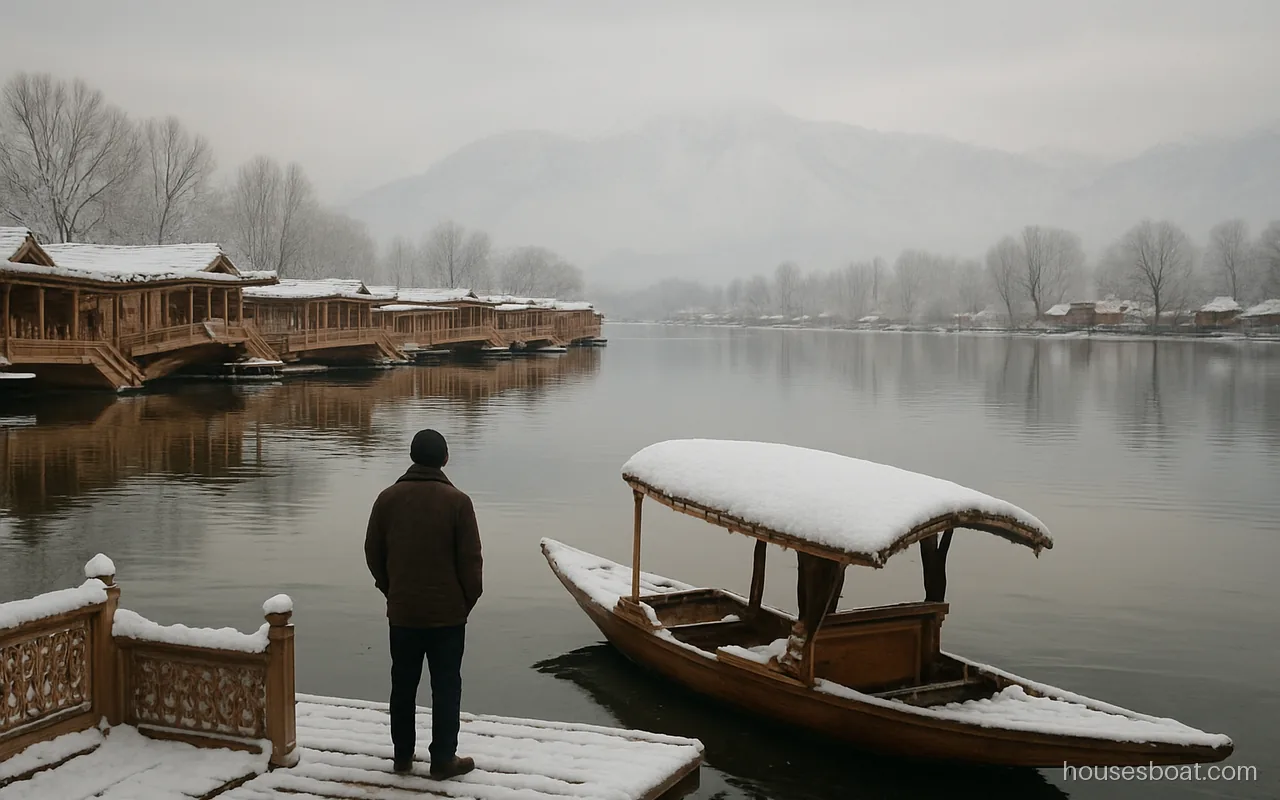 Snow on the roofs of moored Kashmir houseboats on Dal Lake with grey winter water and bare chinar trees