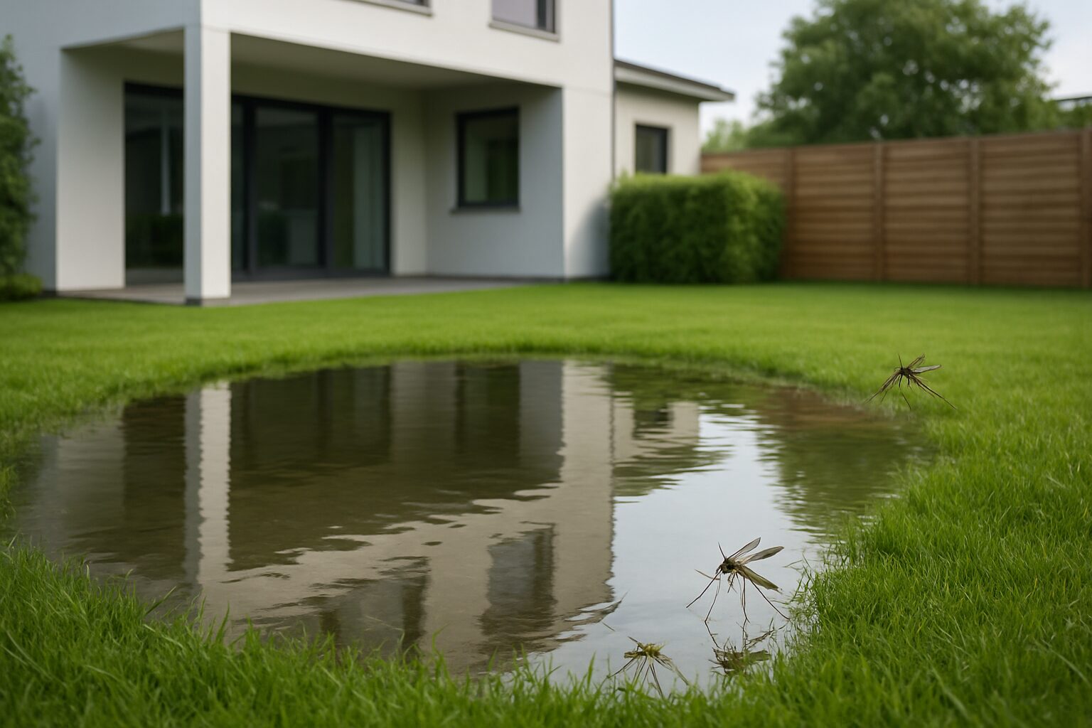 A close-up of mosquitoes near a stagnant water puddle in a backyard setting, emphasizing the potential breeding ground f